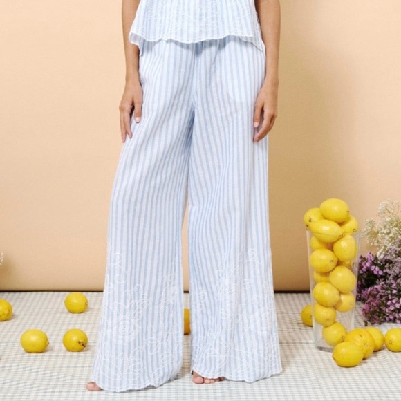 Frnch NWT Blue And White Striped Drawstring Wide Leg Pants Embroidered Small - Picture 9 of 12